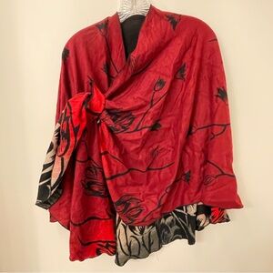 Rapti Reversible Cashmere Loop Shawl Red Black Floral Wrap Super Soft Cape NWT